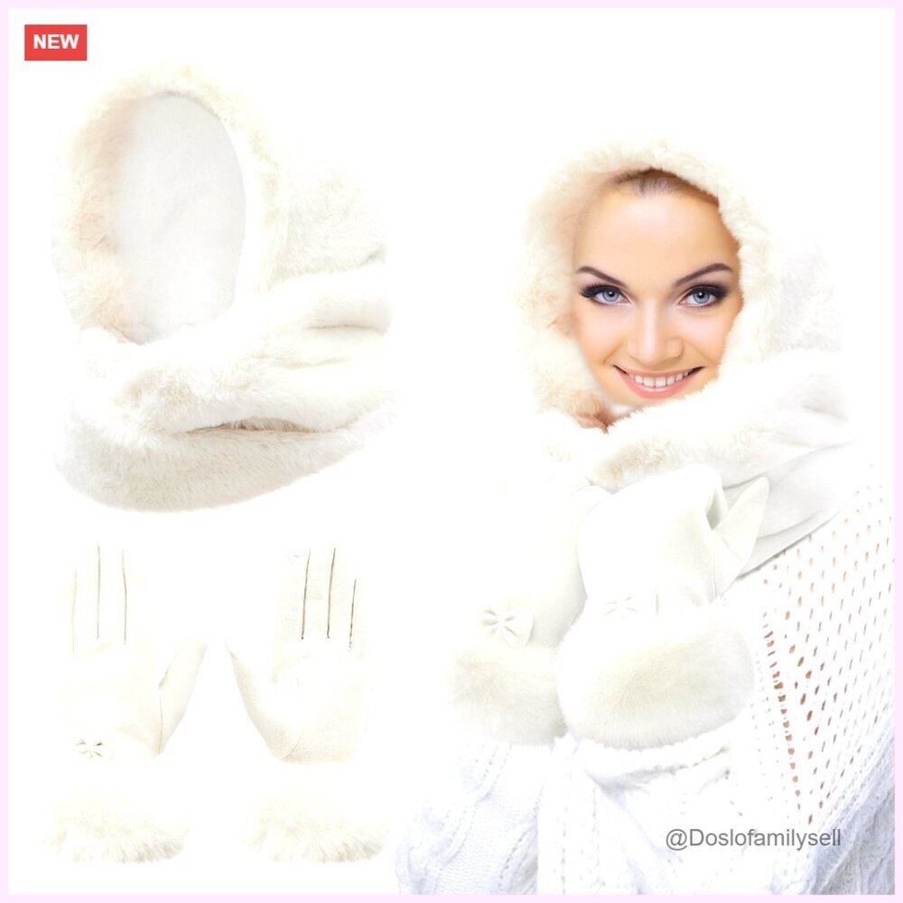 Faux Fur Infinity Scarf with Hood and Touchscreen Gloves Winter Set
